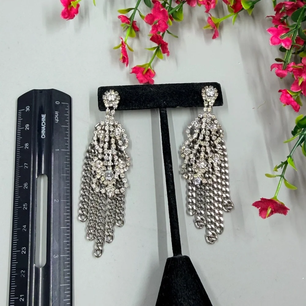 Vintage Crystal Fringe Drop Earrings With Chain Dangles - Picture 5 of 5